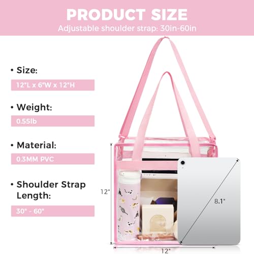 BAGAIL Clear Bags 12x6x12 Stadium Approved Clear Tote Bag with Zipper Closure Crossbody Shoulder Bag with Adjustable Strap - color: Sakura Pink
