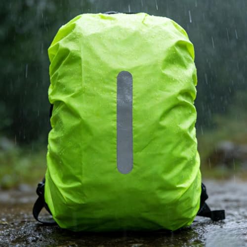 Backpack Rain Cover with Reflective Strip,1-Piece Medium (M) Fitted Water-Resistant Shell for Commuting and Outdoor Travel in Neon Green