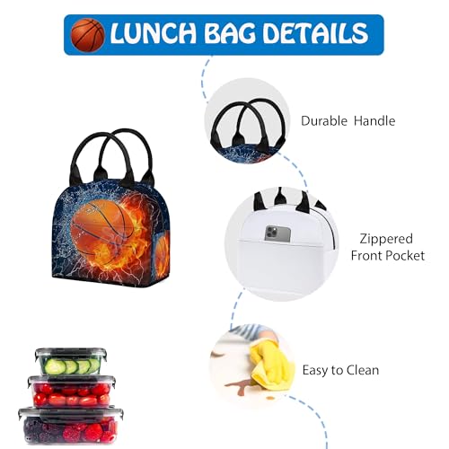 3PCS Backpack for Boys Girls, Kids Basketball Back to School Backpack Sets with Lunch Bag Pencil Case, 17 Inch Lightweight Bookpack 3 in 1 Set for Teens Elementary Middle High School Students - color: Water Fire Basketball