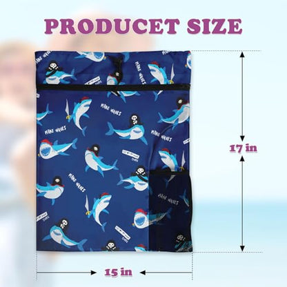 Blue Shark Drawstring Backpack, 15” x 17” Waterproof Swim Bag for Beach Swimming Pool, Lightweight Foldable Gym Bag with Water Bottle Holder for Sports Travel - color: Blue Sharks