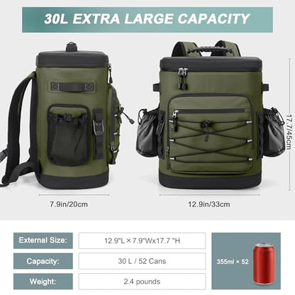 Large 52cans Cooler Backpack, Insulated, Waterproof, Leak Proof, 30L Large Capacity - color: Army Green