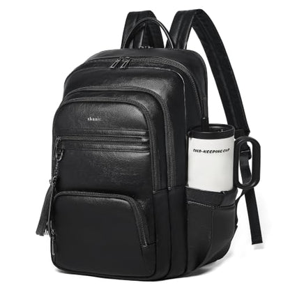 Shrrie 17 Inch Faux Leather Laptop Backpack for Women with Large Cup Holder - color: Black
