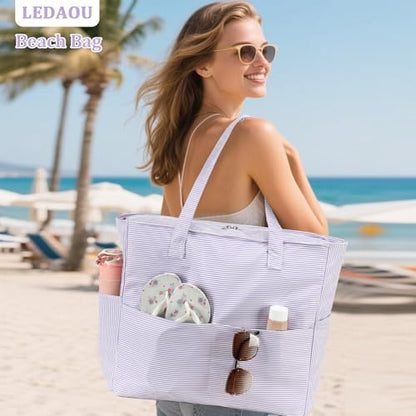 LEDAOU Beach Bag Waterproof Sandproof Women Beach Tote Pool Bag with Zipper for Swim Gym Grocery Travel with Wet Pocket | Sandproof - color: Light Purple White Stripes