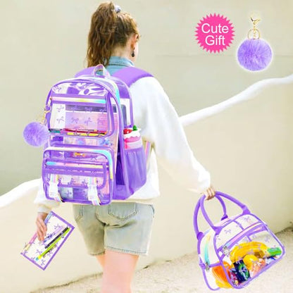 KLFVB 3PCS Girls Clear Backpack Heavy Duty, See Through School Bookbag Set, Cute Transparent Bag for Women - Bow Purple - color: Bow Purple Clear Backpack