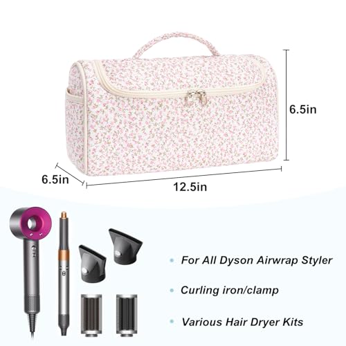 Quilted Hair Tools Travel Bag, Cute Portable Organizer Case with Hanging Hook, Compatible with Dyson Airwrap Styler,Hair Curler Accessories - color: Pink Flower