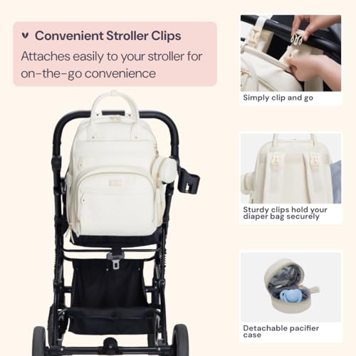 BabbleRoo Leather Diaper Bag Backpack - Baby Essentials Travel Baby Bag, Multi function, Water Resistant, with Changing Pad, Stroller Straps & Pacifier Case – Unisex, Eggshell White - color: Vegan Leather Eggshell White, size: Large