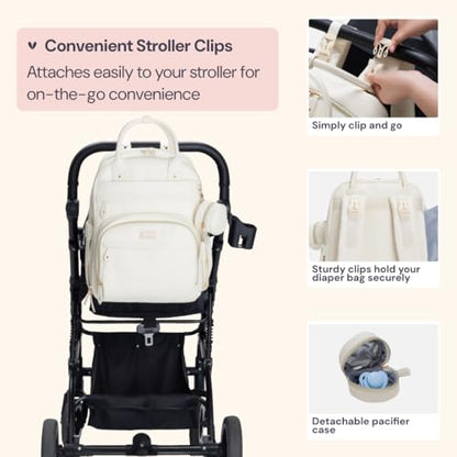 BabbleRoo Leather Diaper Bag Backpack - Baby Essentials Travel Baby Bag, Multi function, Water Resistant, with Changing Pad, Stroller Straps & Pacifier Case – Unisex, Eggshell White - color: Vegan Leather Eggshell White, size: Large