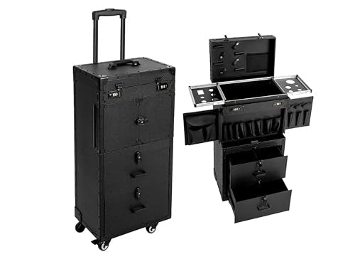Cosmetic Train Case,Makeup Organizer Travel Case with Multiple Compartments,Rolling Makeup Case,Makeup Train Case,Professional Makeup Case with Wheels,Makeup Cart for Make-up Artists - color: Black Modern