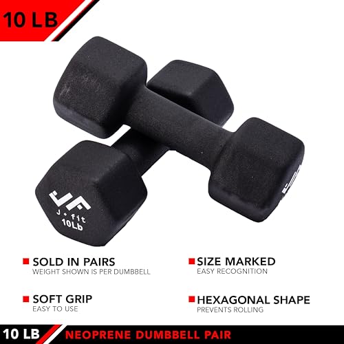 JFIT Dumbbell Pairs or Sets – Neoprene & Vinyl Coated Hand Weights for Home Gym, Strength Training, Aerobics, Cardio Exercise and Fitness - size: 10 lbs (Pair), style: Dumbbell Pair