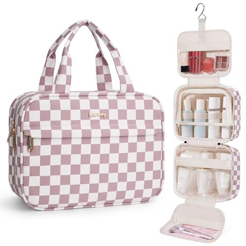 Narwey Hanging Toiletry Bag for Women Checkered Travel Makeup Bag Organizer Cosmetic Make up Toiletries Bag for Travel Essentials Accessories (Dusty Pink Checkerboard, Medium) - color: Dusty Pink Checkerboard, size: Medium
