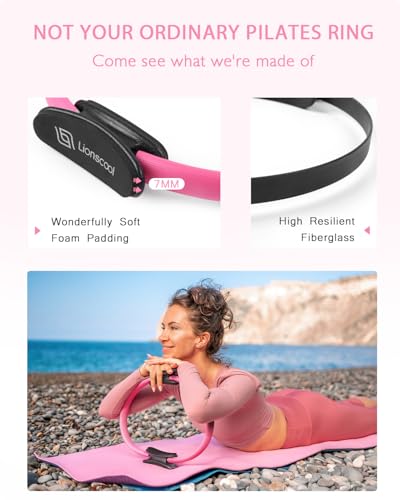 LIONSCOOL Pilates Ring Set – 14" Anti-Deformation Magic Circle with Padded Handles, Mini Ball, Resistance Bands, Guide & Bag - color: Pink
