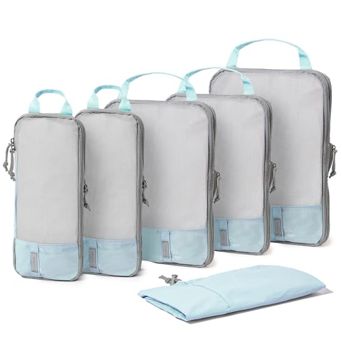 (Not Made In China) 6pc Compression Packing Cubes For Travel, Suitcase and Luggage Space Saver Organizer Bags, Lightweight, Waterproof, Durable, Blue - color: Light Blue, size: Set of 6