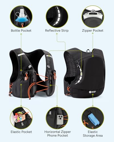 Sahara Sailor Running Vest for Women Men, 2PCS 500ml Soft Flasks, Adjustable Chest Waist Fit, Multi-Pockets, Lightweight Breathable Reflective Hydration Backpack for Running, Trail, Cycling, Hiking - size: S (27–37 in)