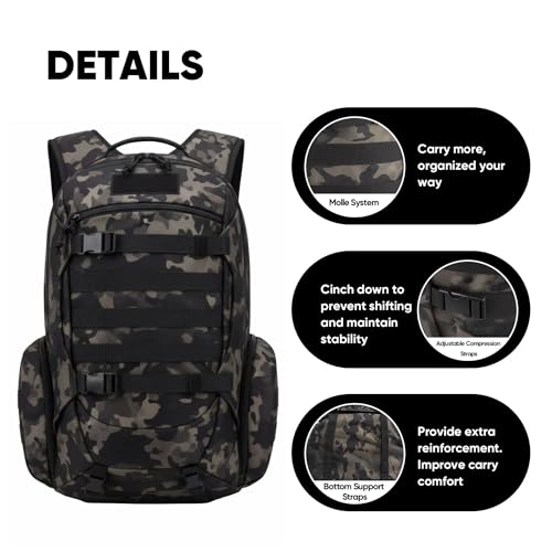 35L Tactical Backpack for Men, MOLLE Military Bug Out Bag, Waterproof Rucksack for Hiking with Hydration Port Balck CP - color: Black Cp