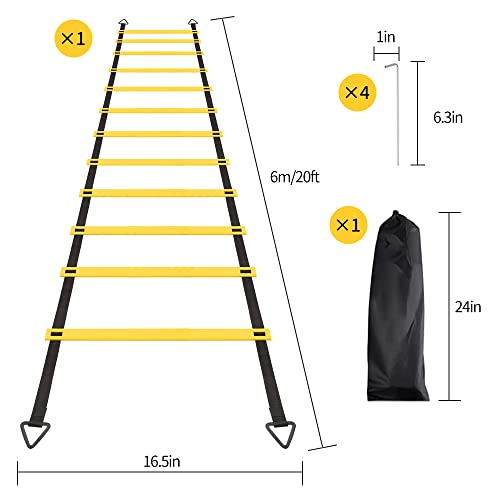 12 Rungs Agility Ladder Set, Training Ladder with Steel Stakes and Carry Bag for Soccer, Speed Fitness Feet Training - color: 1 Pack-Yellow