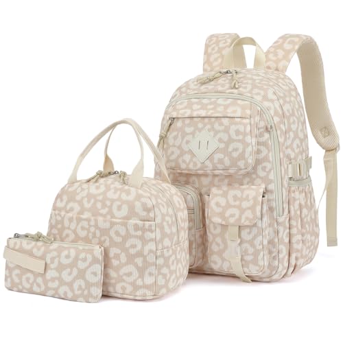 3Pcs Corduroy School Backpack for Girls, Kids Large Capacity School Bag Bookbags Set with Lunch Box and Pencil Bag (Corduroy Leopard) - color: Corduroy Leopard
