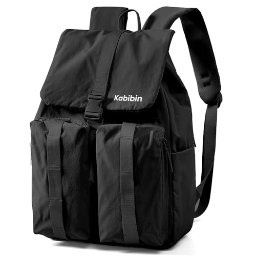 Lightweight Casual Backpack, Water Resistant Nylon 15.6 Inch Laptop Backpack, Bookbag for Teens Adults, Outdoor Casual Daypack with Multiple Storage Pockets & External Hang Belt - color: Black
