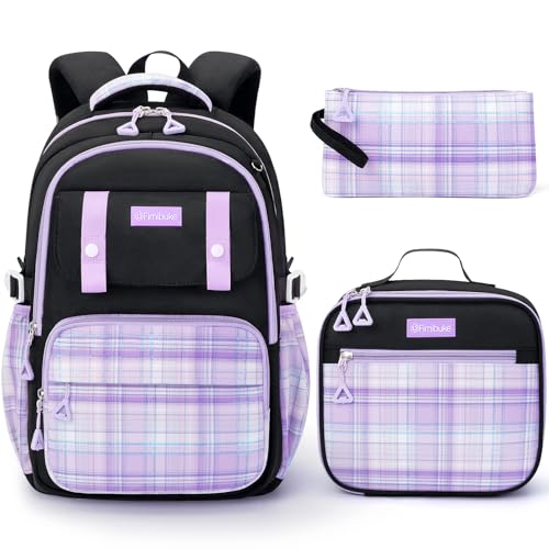 Fimibuke School Backpack for Girls, 3 PCS Waterproof Teen Girls Backpack with Lunch Box, Pencil Pouch Set, Cute Kids Bookbag School Bag for Elementary Middle High School Student Age 6+(Black & Purple) - color: A4.purple & Black