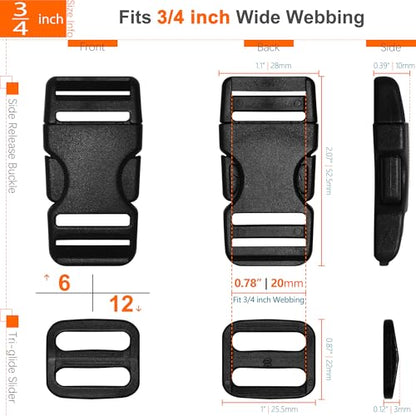 3/4" Straps and Buckles Set: 6 Yard Nylon Webbing 0.75 inch (20 mm) Wide, 6 Pack Side Release Buckle, 12 pcs Tri-Glide Sliders, Plastic Clips Quick Fasteners Replacement Dual Adjustable No Sewing - size: 3/4" x 6 yd Strap + 6 pack Buckles