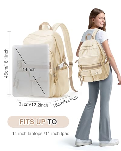 Aesthetic School Backpack for Women Men College Backpack With Lots Of Pockets Waterproof Travel Casual Daypack Cute Bookbag For Teens Girls Boys High School Bag(Beige) - color: B4-beige