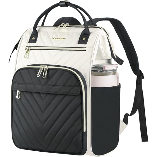 VANKEAN 17 Inch Laptop Backpack for Women Fashion Computer Work Bag, Large Capacity Waterproof Backpack, College Daypack Business Travel, Beige-Black - color: Beige/Black, size: 17.3 Inch
