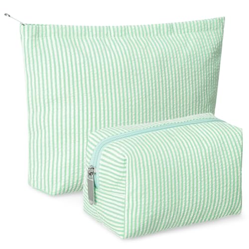 Huhumy 2 Pcs Makeup Bag Set Cute Cosmetic Pouch for Women Seersucker Travel Toiletry Bag Preppy Small Makeup Purse Pouch Aesthetic Skincare Brushes Storage Organizer for Valentine Women(Green) - color: Green, style: Thin Striped Seersucker