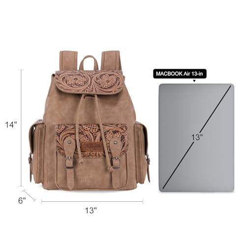 Montana West Wrangler Backpack Purse for Women Men Western Backpack Floral Tooled Travel Bags - color: Carve Khaki