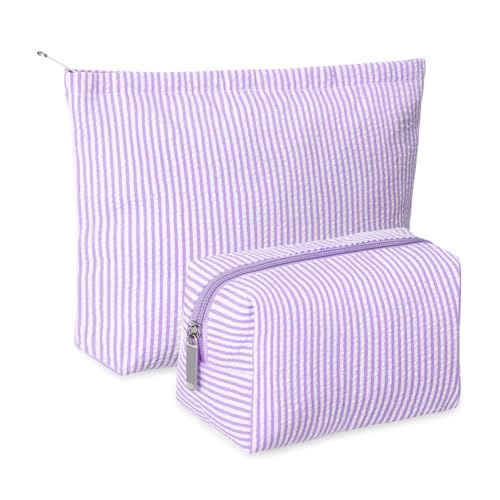 Huhumy 2 Pcs Makeup Bag Set Cute Cosmetic Pouch for Women Seersucker Travel Toiletry Bag Preppy Small Makeup Purse Pouch Aesthetic Skincare Brushes Storage Organizer for Valentine Women(Purple) - color: Purple, style: Thin Striped Seersucker