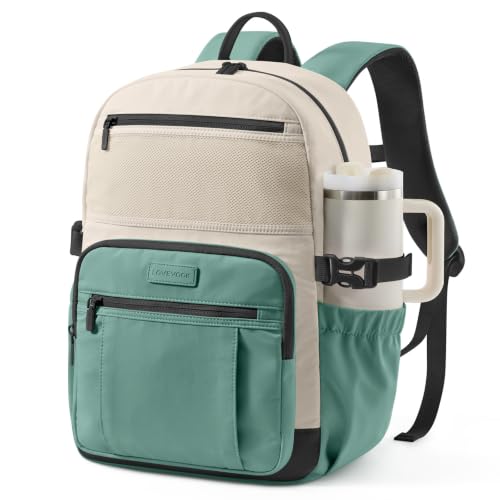 LOVEVOOK Laptop Backpack for Women Men with Giant Tumbler Holder - DIY 15.6Inch Work Computer Travel Backpack with Laptop Compartment, Water Resistant, Commuter College Teacher Nurse Purse Bag - color: Beige - Green - Black, size: 15.6 Inch