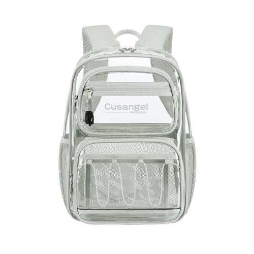 Cusangel Large Clear backpack for girls,16in TPU Plastic See Through Heavy Duty Bookbag,Stadium,school, and other security check locations(Grey) - color: Grey-16in