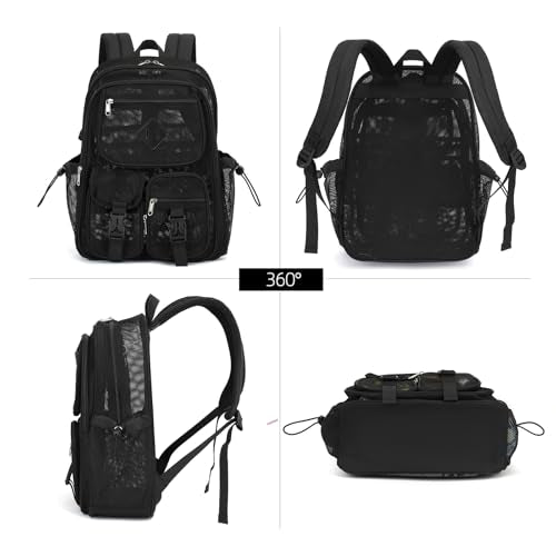 Black Mesh Backpack for Girls Boys, Mesh Bookbags Heavy Duty Semi-Transparent School Bag for College, Travel, Beach, Swimming, Sports - color: Black