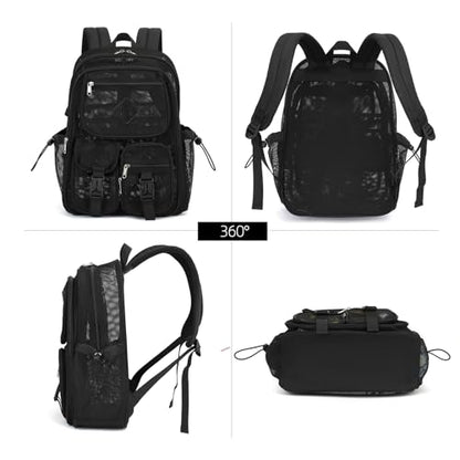 Black Mesh Backpack for Girls Boys, Mesh Bookbags Heavy Duty Semi-Transparent School Bag for College, Travel, Beach, Swimming, Sports - color: Black
