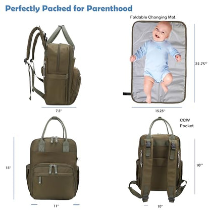 JESSIE & JAMES BeBe CCW Diaper Bag Nylon Backpack Multi Function Diaper Bag with Changing Pad & Stroller Straps_Olive/Olive - color: Olive/Olive