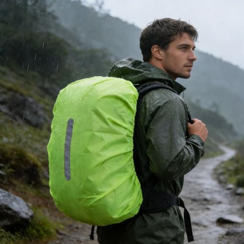 Backpack Rain Cover with Reflective Strip,1-Piece Medium (M) Fitted Water-Resistant Shell for Commuting and Outdoor Travel in Neon Green