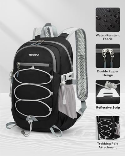 WATERFLY Small Lightweight Packable Backpack: 15L Mini Ultra Light Foldable Travel Daypack with Breathable Shoulder Strap Outdoor Hiking Camping Day Pack for Women Men Black - color: Black