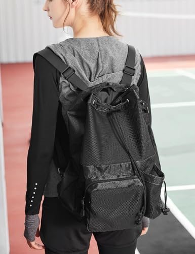 Lohol Large Mesh Drawstring Backpack with Shoe Bag, Durable Swimming String Sack with Handle for Sports Gym Yoga Beach Travel - color: Black