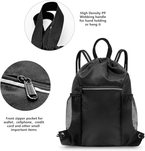 HOLYLUCK Drawstring Backpack Gym Bag For Men Women, String Beach Swim Sports Backpack - color: Black-2 Mesh Pockets, style: Standard Drawstring