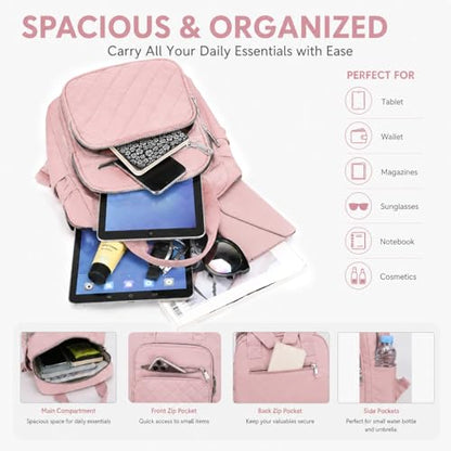 Small Backpack for Women Casual Quilted Square Bag Waterproof Multi Pockets Daypack Lightweight Top Handle Satchel - color: Pink
