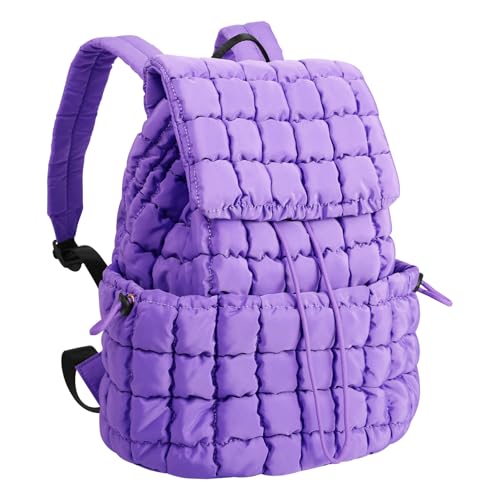 XSUIOY Quilted Backpack Purse for Women Small Lightweight Puffer Puffy College Laptop Backpack Nylon Casual Bookbag Daypack Top Flap Drawstring Padding Hiker Travel Gym Backpack(Purple) - color: Purple