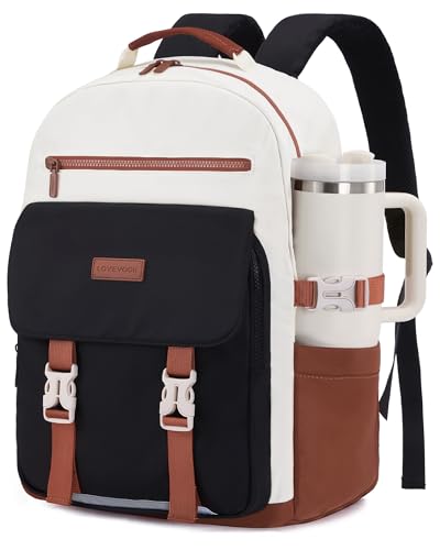 LOVEVOOK School Backpack for Teen Girls，Casual School Backpack 14-18 Teenage 15.6 Inch Laptop Bookbag, Cute Big Student Laptop Backpack for College Women Middle High School Travel Daypack - color: Black White Brown, size: 15.6 inches