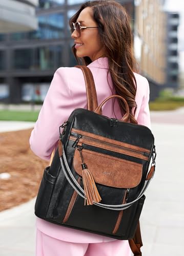 Shrrie Laptop Backpack for Women 15.6 inch,Travel Leather Backpack Purse Nurse Teacher Carry on Backpack Computer Bag,Professional Water-Resistant College Business Work Casual Daypack,Black with Brown - color: Black With Brown