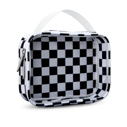 Travel Toiletry Bag Clear Makeup Bags Portable Compact Cosmetic Pouch Makeup Organizer for Women, Skincare Bag with Handle(Black White Checkerboard)