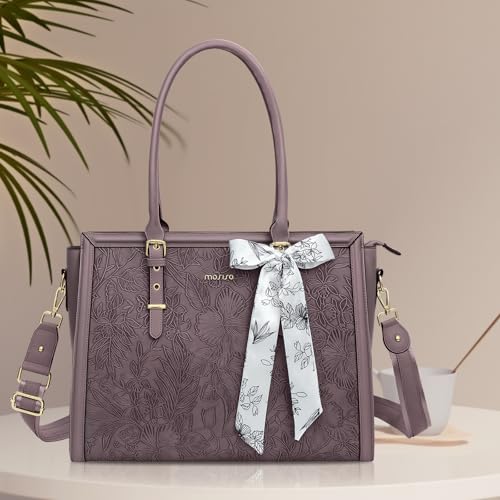 MOSISO Laptop Bag for Women, 17-17.3 inch PU Leather Tote Bag Compatible with MacBook, HP, Dell, Asus Notebook, Front Embossed Retro Hibiscus Computer Bags with Silk Scarf&Clutch Purse, Slate Purple - color: Slate Purple, size: 17.3 inch
