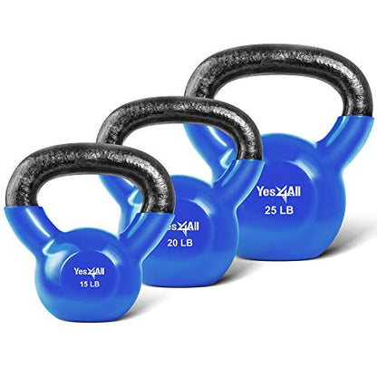 Yes4All Kettlebell, Vinyl Coated Kettlebell Cast Iron Sets with Stable Flat Bottom for Full Body Workout, Push up, Grip Strength Training & Weights Exercises - color: Blue, style: 15 - 25lb