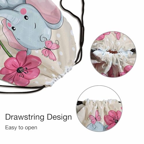 Drawstring Backpack Bag Cute Elephant Butterflies Nose to Flower Lightweight Backpack Soccer Ball Bag Sutiable for Sports Beach Short Travel Stroage 14x16.9 Inch - color: Elephant