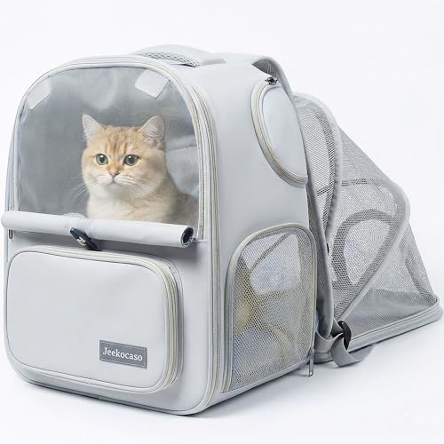 Cat Backpack Carrier Expandable, Breathable Mesh & Lockable Zippers & Shaded Curtains & Multi-Entry, Pet Backpack for Kitty Puppy Small Dogs Up to 18lbs for Travel, Hiking, Car, Vet(Light Grey) - color: Light Grey