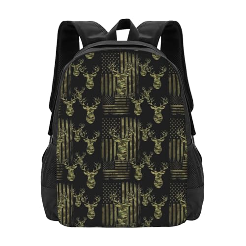 Water Resistant Casual Backpack Camo Camouflage Hunting Deer American Flag, Big Storage Multipurpose Hiking Rucksack Unisex Shoulder Pack for Cycling Walking Weekend Trip - color: Design (1324)