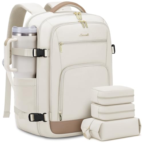LOVEVOOK 50L Large Travel Backpack for Women Flight Approved, Carry on Backpack for Airplanes, Personal Item Travel Bag, Waterproof 18 Inch Laptop Backpack, Business Weekender Overnight Daypack, 4Pcs - color: Beige-khaki, size: 50l-18 Inch-4pcs