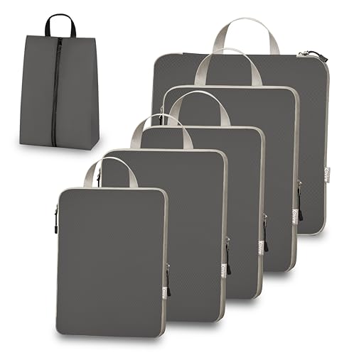 6 Set Compression Packing Cubes for Travel Expandable Packing Organizer Bag | Water-Resistant Suitcase Bags with Shoe Bag, Ultralight Storage Travel Bags for Carry-on Luggage, S M L XL Sizes, Grey - color: Grey, size: Set of 6