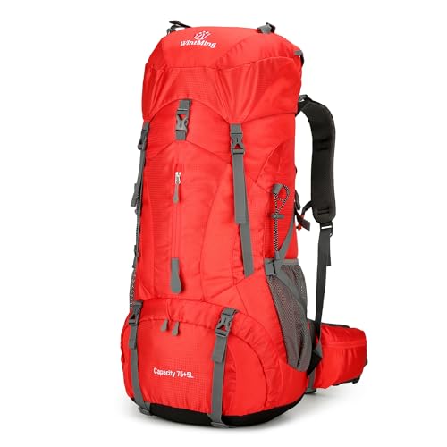 Hiking Backpack for Men and Women 70L+5L Waterproof Lightweight Camping Daypack with Rain Cover for Outdoor Travel Mountaineering - Frameless (Red) - color: Red